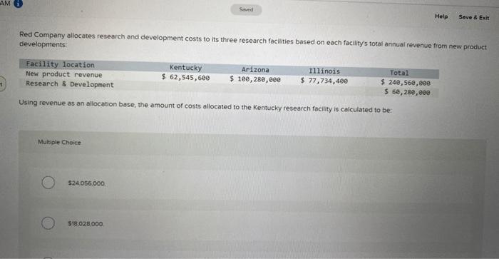  Red Company allocates research and development costs to its three research