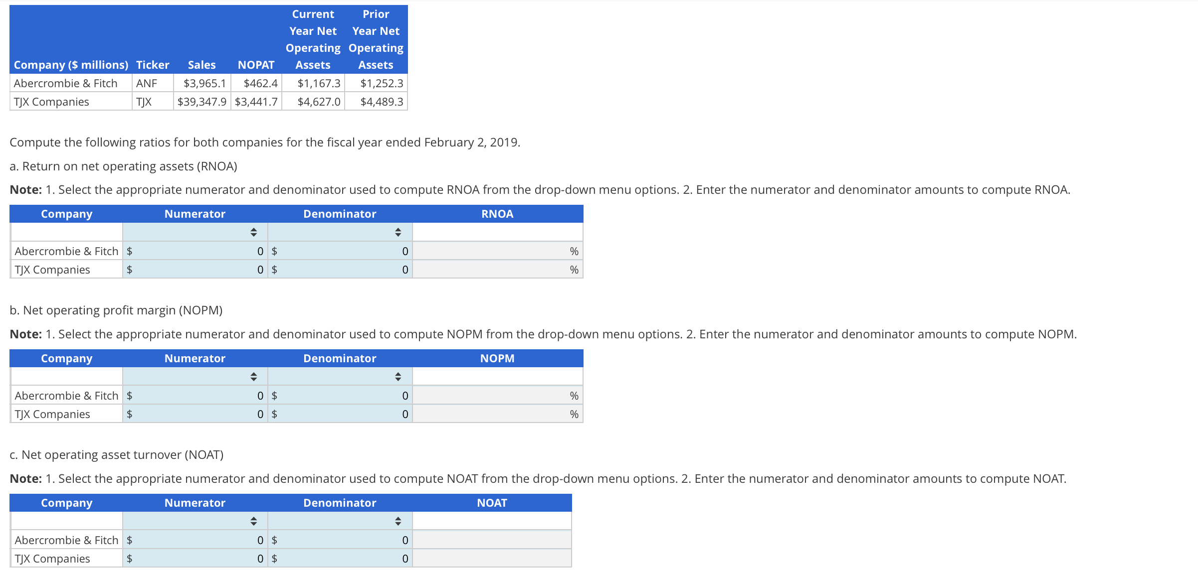 Please answer (c). Show calculations. Compute the following ratios for both companies