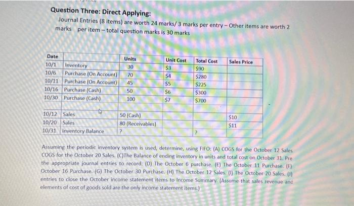 Question Three: Direct Applying: Journal Entries (8 items) are worth 24