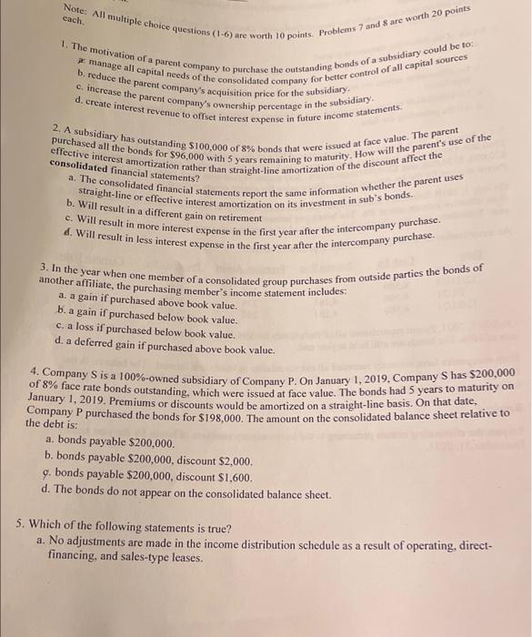  cach Note: All multiple choice questions (1-6) are worth 10 points.