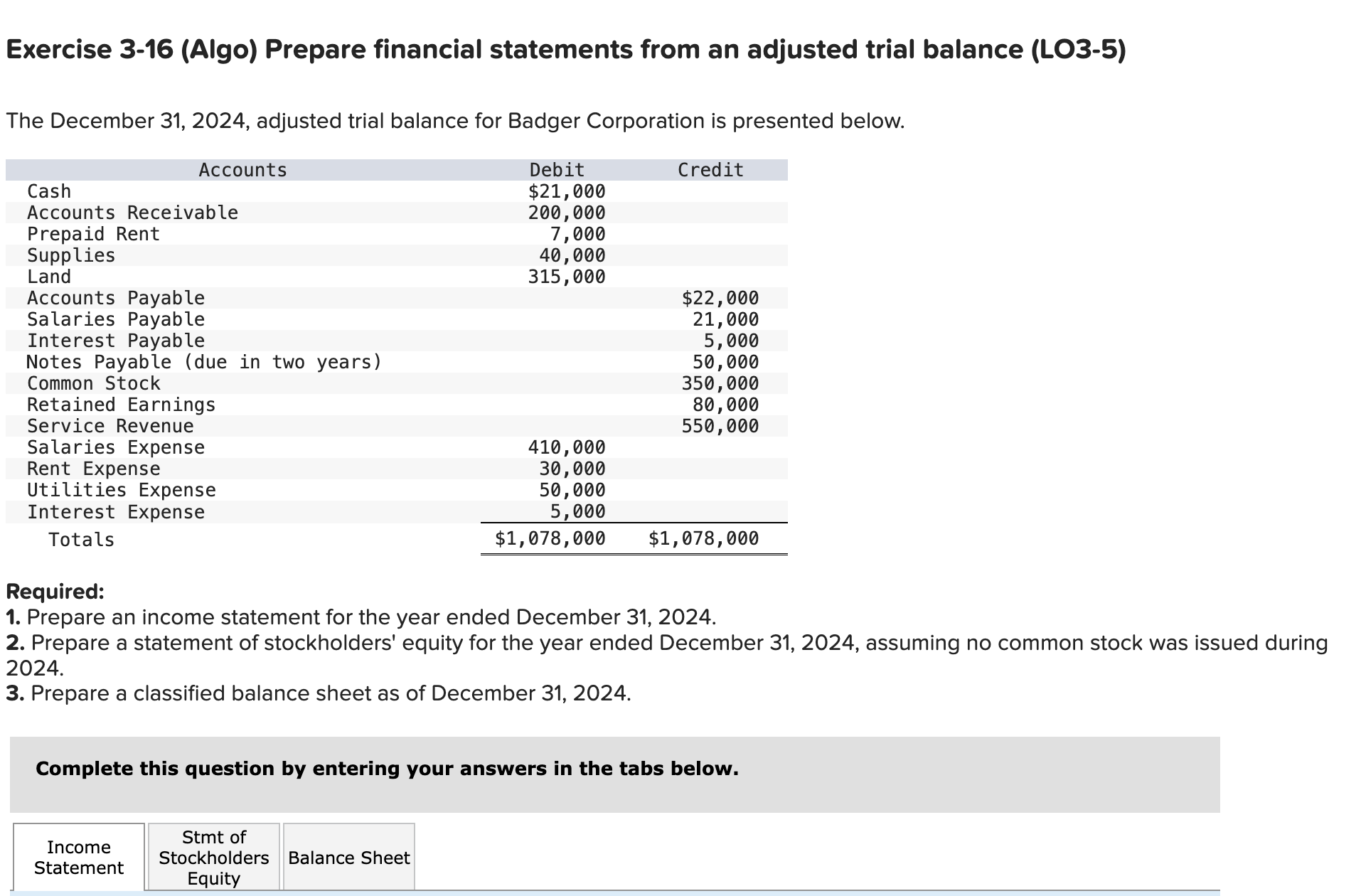  Exercise 3-16(Algo) Prepare financial statements from an adjusted trial balance (LO3-5)