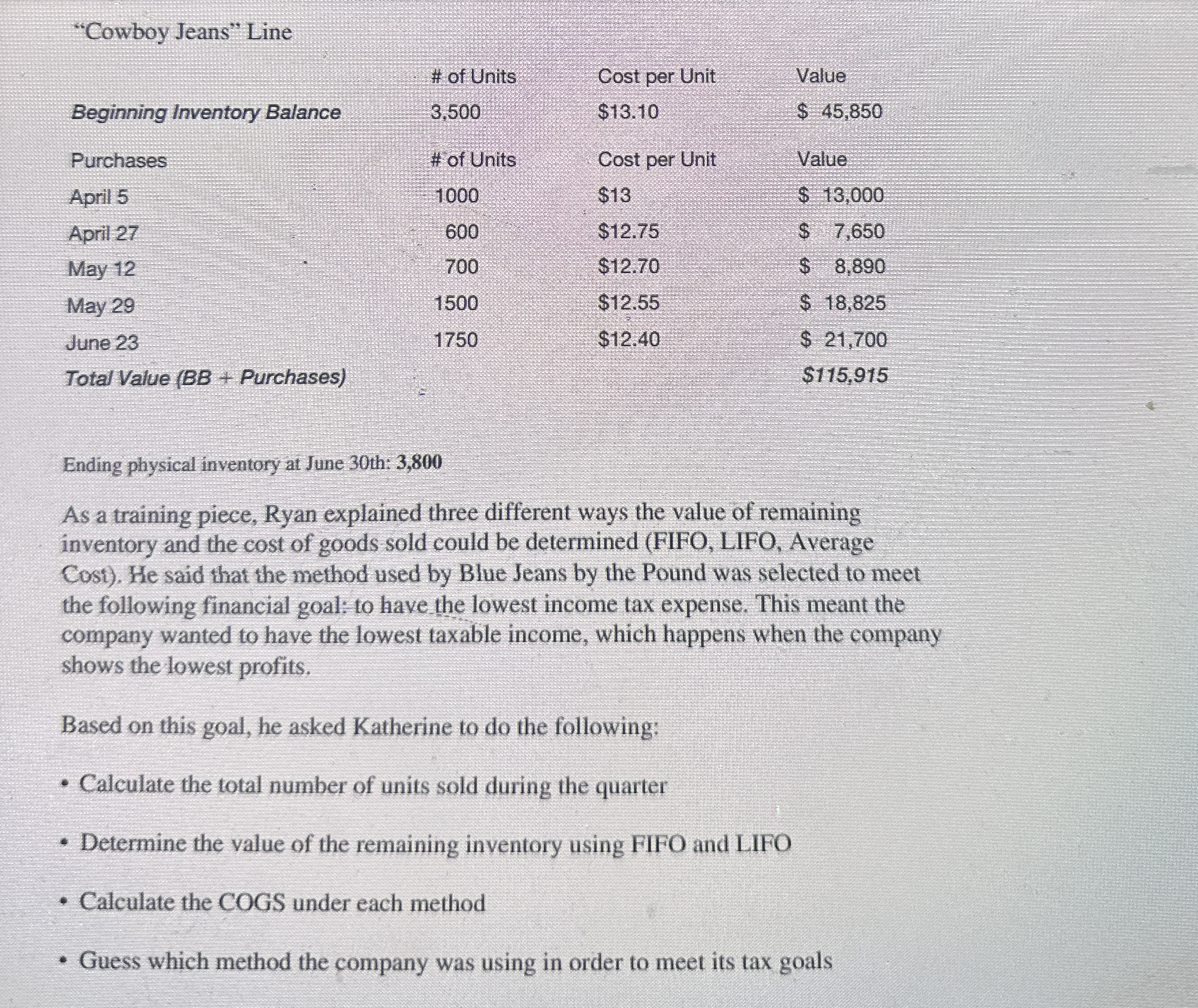  Ending physical inventory at June 30 th: 3,800 As a training
