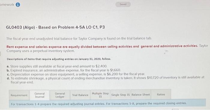  omework Saved GLO403 (Algo). Based on Problem 4-5A LO C1, P3