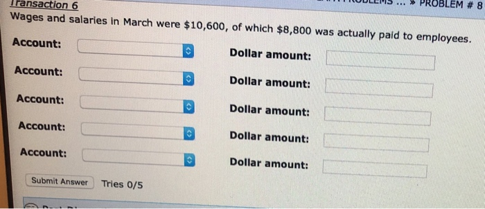 Dollar amount Account: Dollar amount: Account: Dollar amount Anu Tries 0/5 Transaction