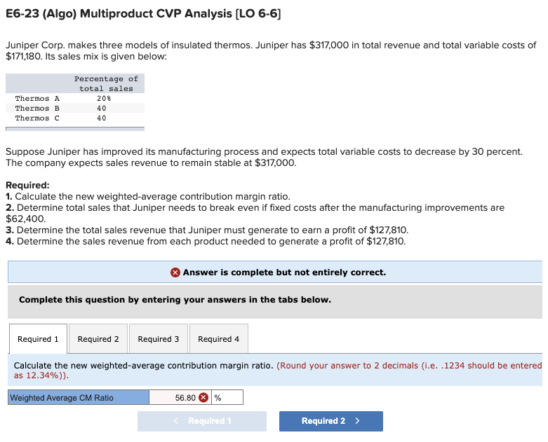  E6-23 (Algo) Multiproduct CVP Analysis (LO 6-6) Juniper Corp. makes three