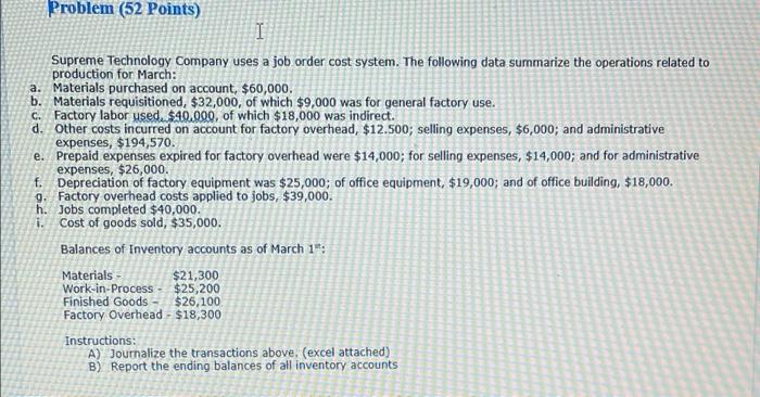 please attach excel sheet Problem (52 Points) I Supreme Technology Company uses