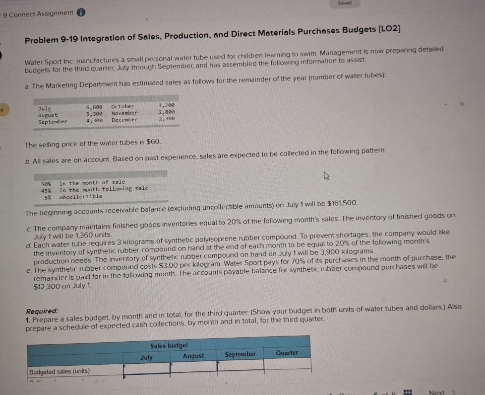  9 Connect Assignment i Saved Problem 9-19 Integration of Sales, Production,