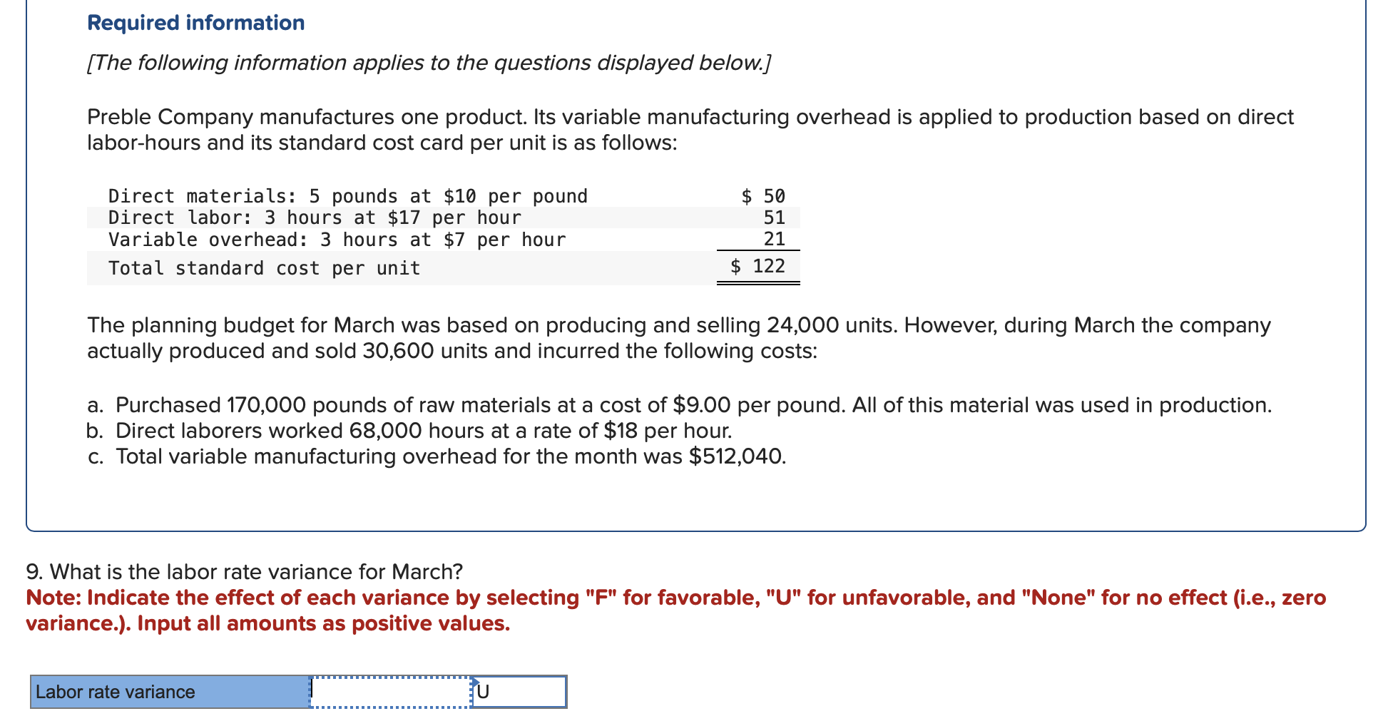  What is the labor rate variance for March? Note: Indicate the