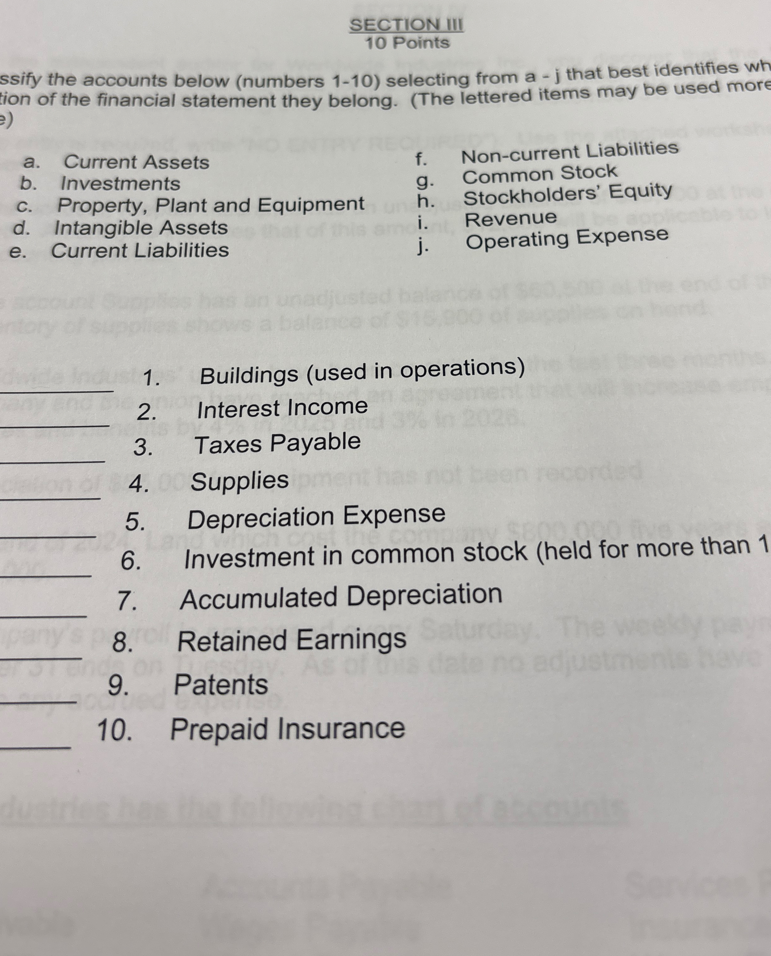  ssify the accounts below (numbers 1-10) selecting from a-j that best