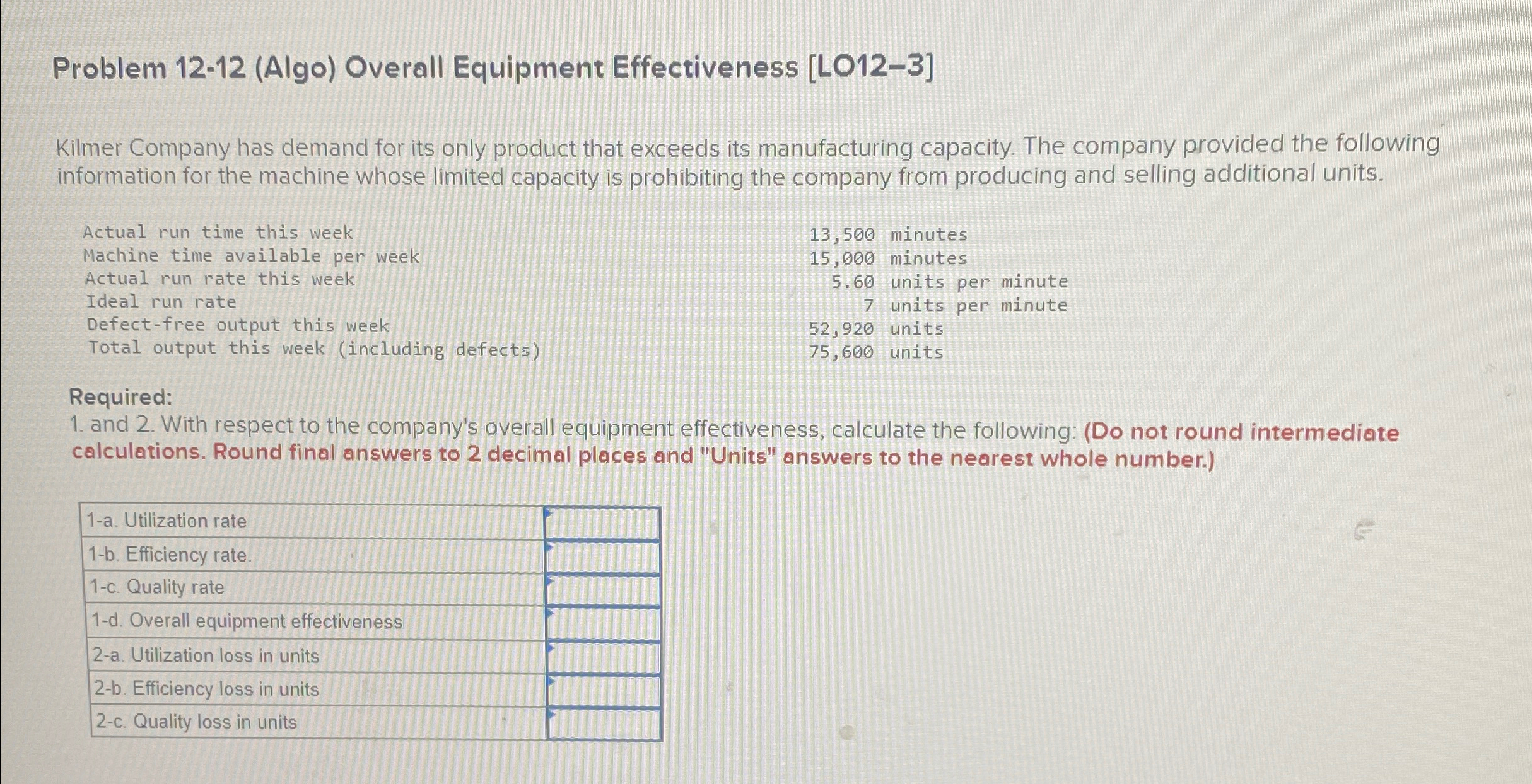  Problem 12-12(Algo) Overall Equipment Effectiveness [LO12-3] Kilmer Company has demand for