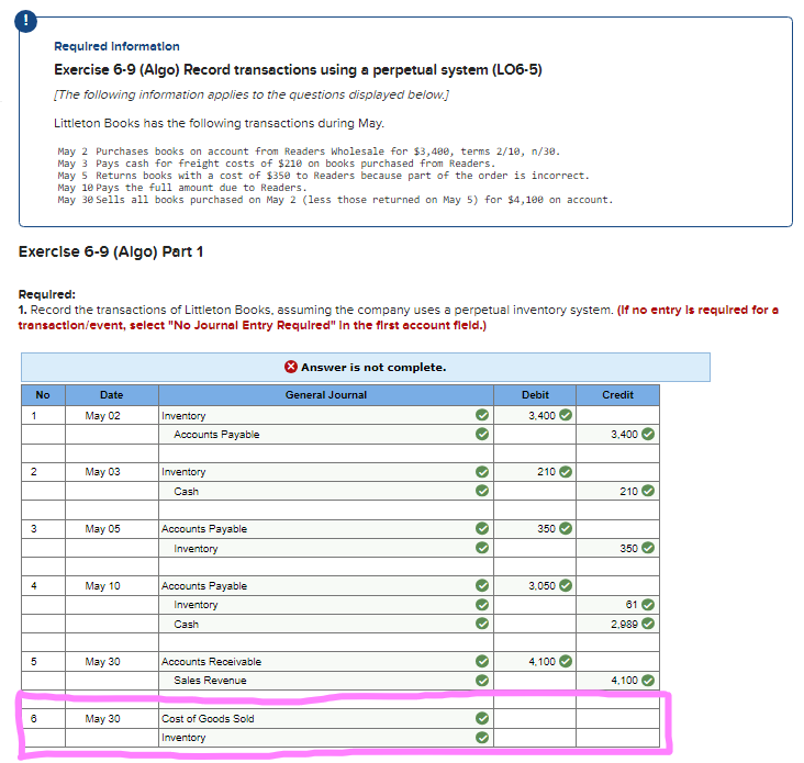  Requlred Information Exercise 6.9 (Algo) Record transactions using a perpetual system