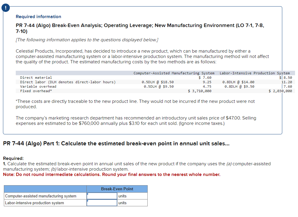  Required information PR 7-44 (Algo) Break-Even Analysis; Operating Leverage; New Manufacturing