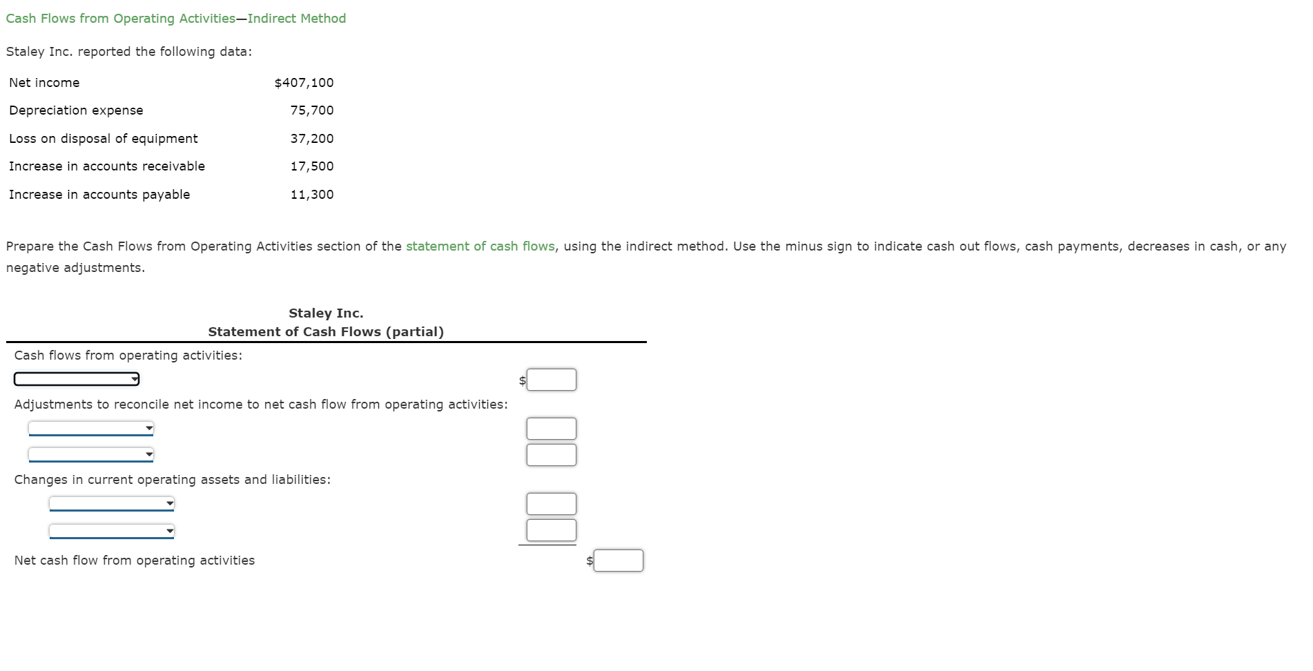  Cash Flows from Operating Activities-Indirect Method Staley Inc. reported the following