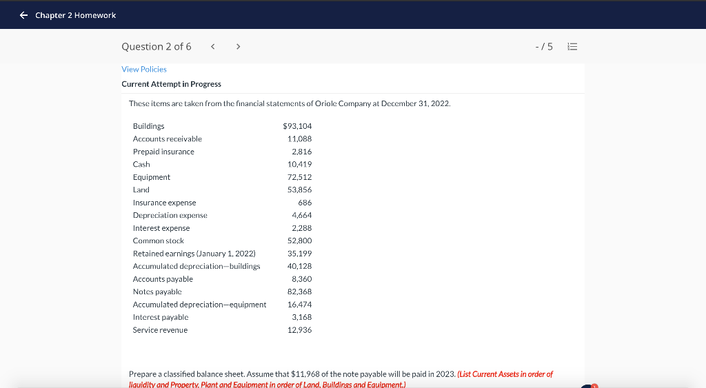 + Chapter 2 Homework Question 2 of 6 -/5 E View