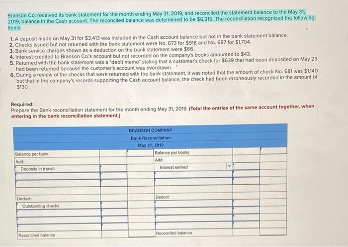 b Branson Co. received its bank statement for the month ending May