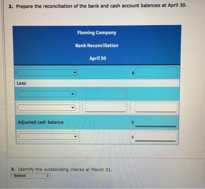 for Fleming Company contains the following information for April: $14,685 Cash balance,