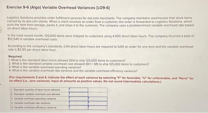  Exercise 9-6 (Algo) Variable Overhead Variances [LO9-6] Logistics Solutions provides order