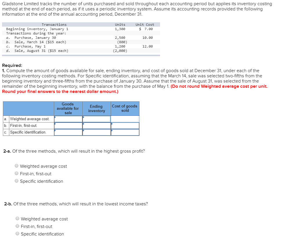 Please provide how to solve for each entry. Gladstone Limited tracks the