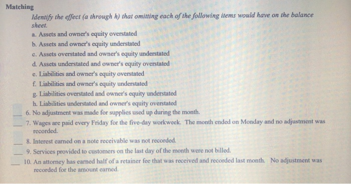  Matching Identify the effect (a through h) that omitting each of