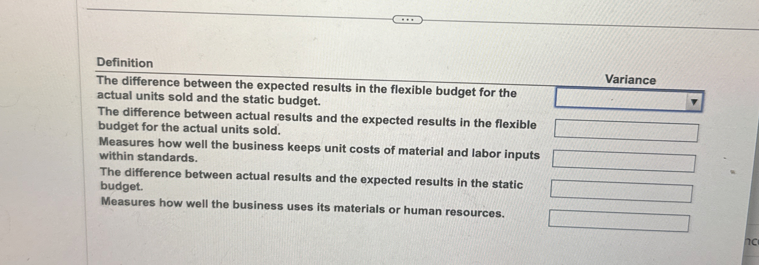  Definition The difference between the expected results in the flexible budget