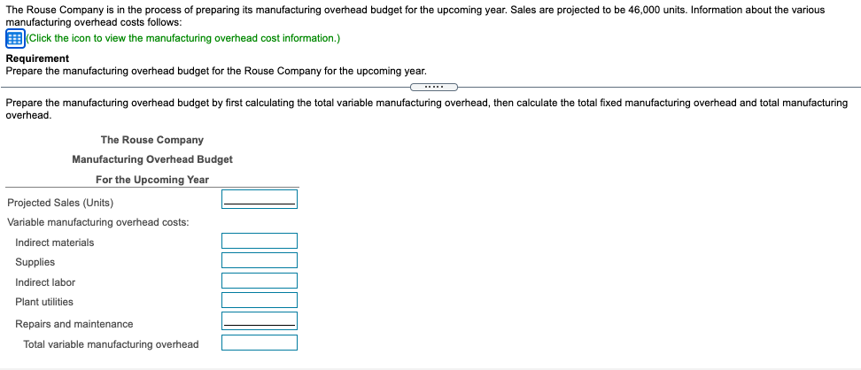 Indirect labor Plant utilities... Repairs and maintenance. Depreciation on plant and equipment