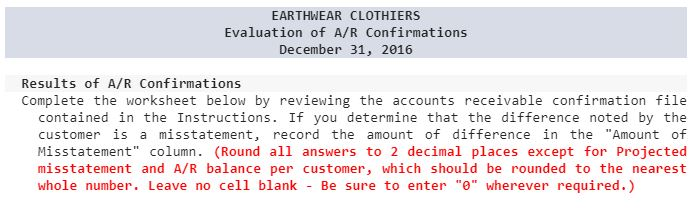 EARTHWEAR CLOTHIERS Evaluation of A/R Confirmations December 31, 2016 Results of A/R