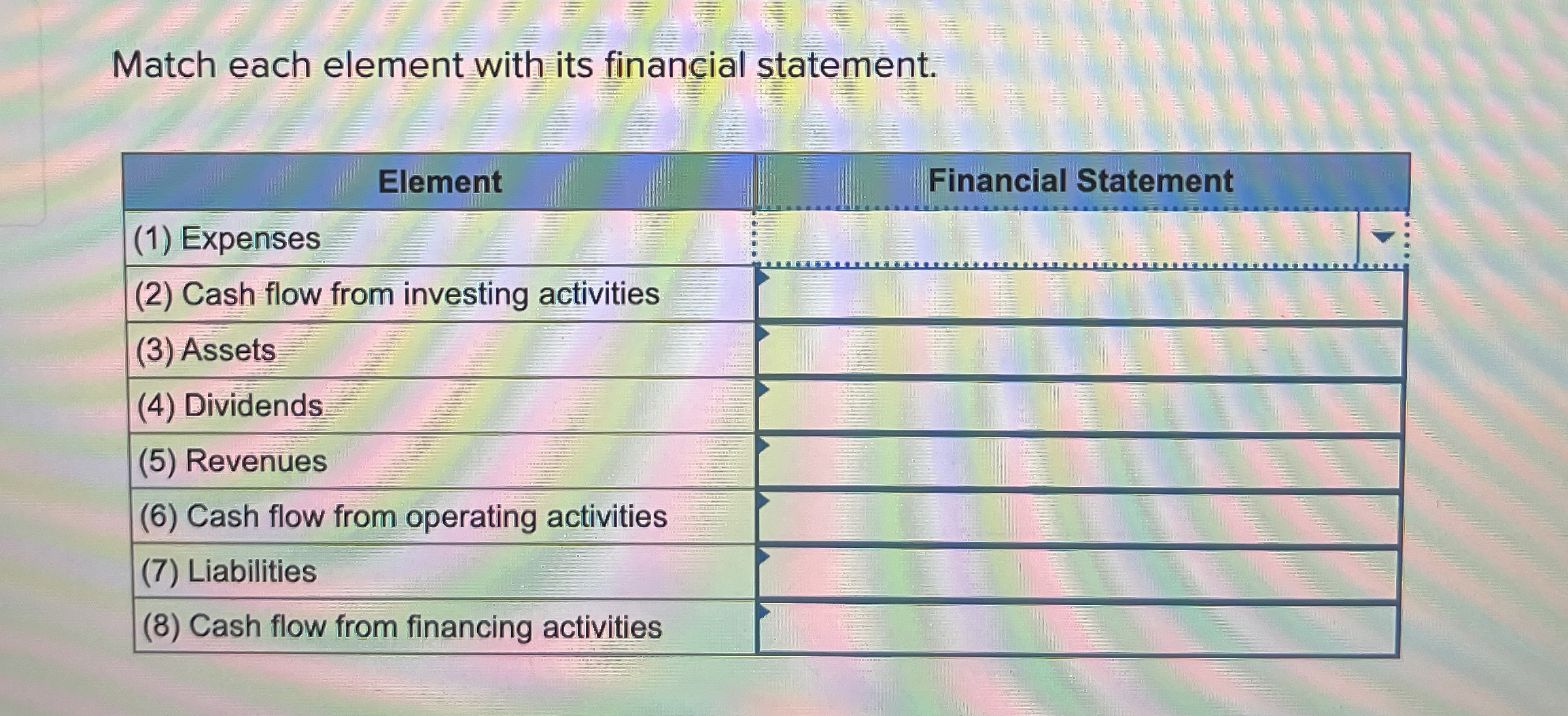  Match each element with its financial statement. \table[[Element,Financial Statement],[(1) Expenses,],[(2) Cash