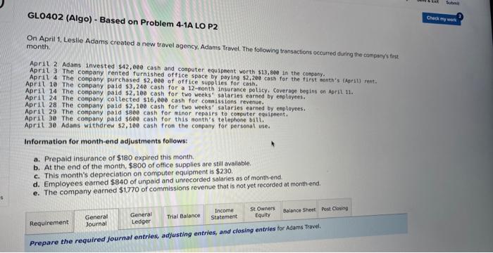  really need help tysm GLO402 (Algo) - Based on Problem 4-1A