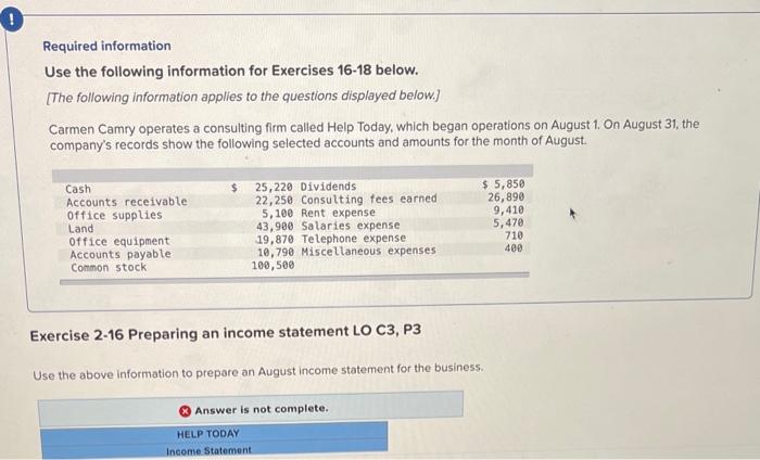 answer not complete 0 Required information Use the following information for Exercises