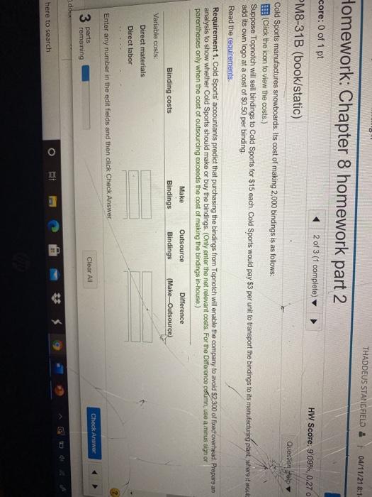  THADDEUS STAMIC FIELD & 04/11/21 8:1 Homework: Chapter 8 homework part