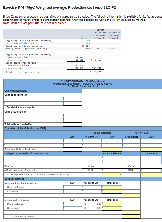 Exercise 3-16(Algo) Weighted average: Production cost report LO P2 Elliott Company