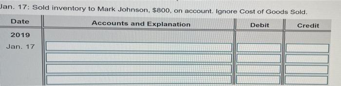 inventory to Mark Johnson, $800, on account. Ignore Cost of Goods Sold.