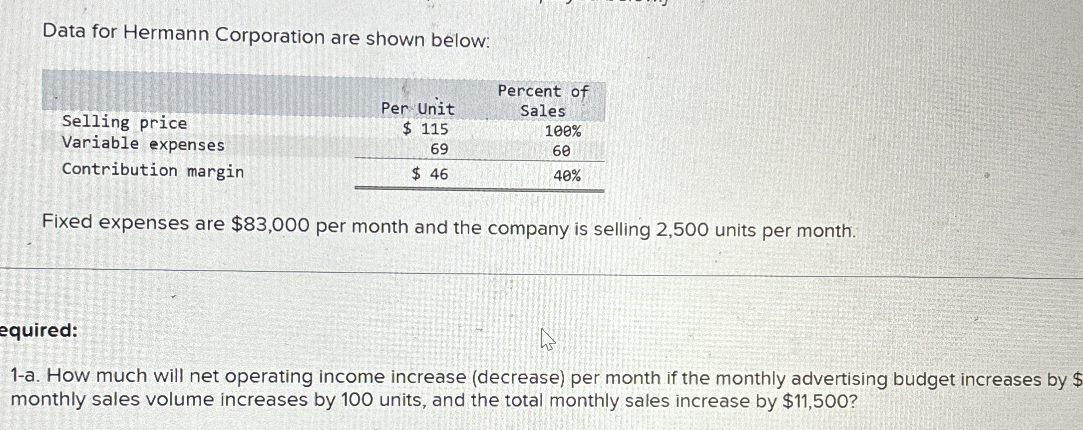  Data for Hermann Corporation are shown below: \table[[,,Percent of],[Selling price,Per Unit,Sales],[Variable