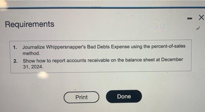 these practice problems are so hard! - Requirements 1. Journalize Whippersnapper's Bad