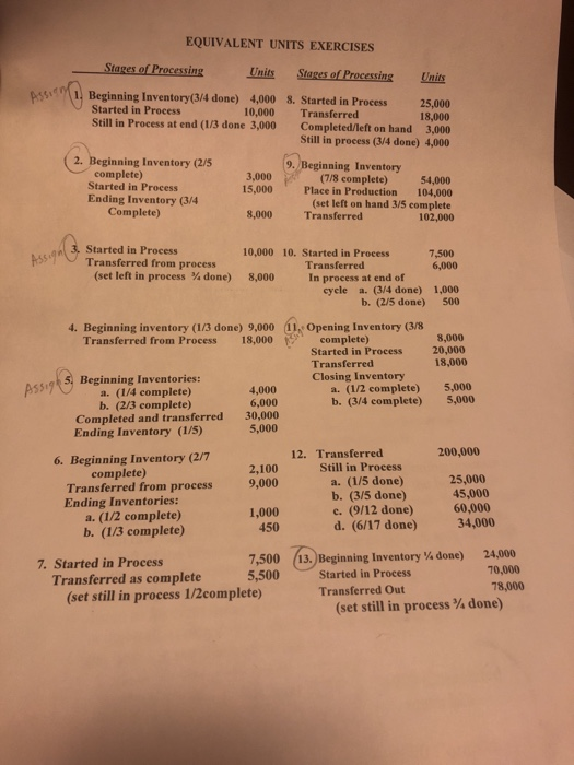 EQUIVALENT UNITS EXERCISES 1Beginning Inventory(3/4 done) 4,000 8. Started in Process