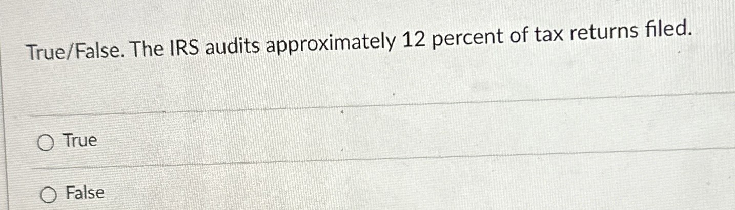  True/False. The IRS audits approximately 12 percent of tax returns filed.
