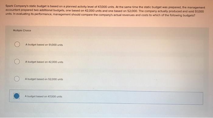  Spark Company's static budget is based on a planned activity level