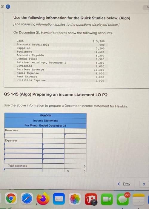  01 0 Use the following information for the Quick Studies below.