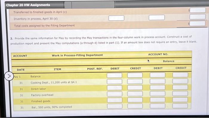 process. The inventory of Work in Process-Filling on April 1 and debits