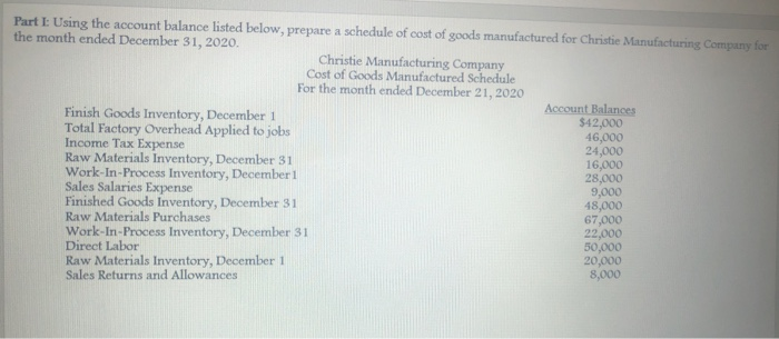  Part I: Using the account balance listed below, prepare a schedule