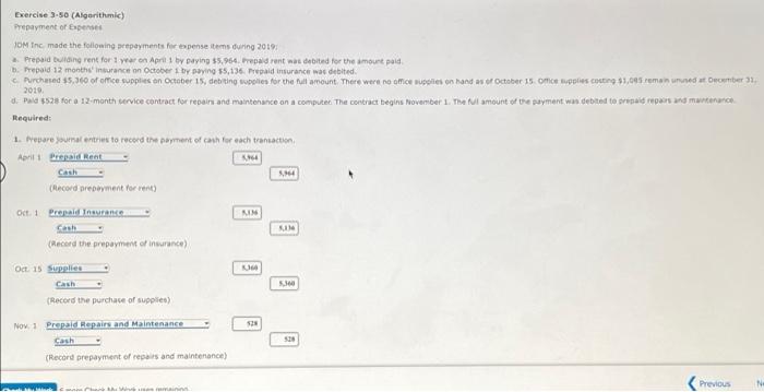 part 1 part 2 Exercise 3.50 (Algorithmic) Prepayment or expenses JOM Inc