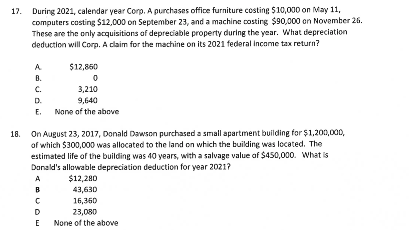  PLEASE ANSWER ALL QUESTION 17. During 2021, calendar year Corp. A