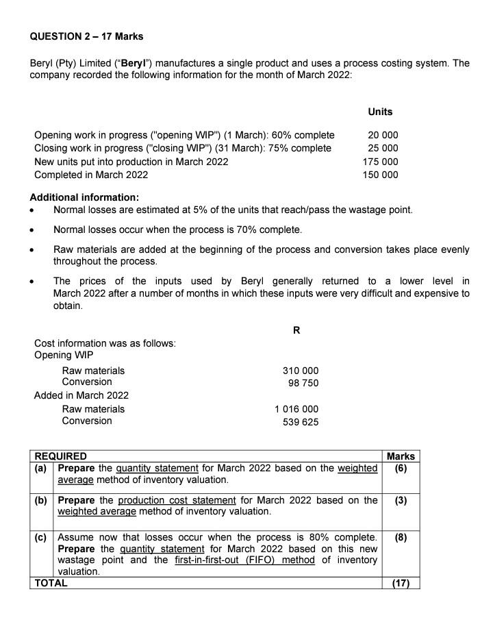  Please help. QUESTION 2 - 17 Marks Beryl (Pty) Limited ("Beryl)