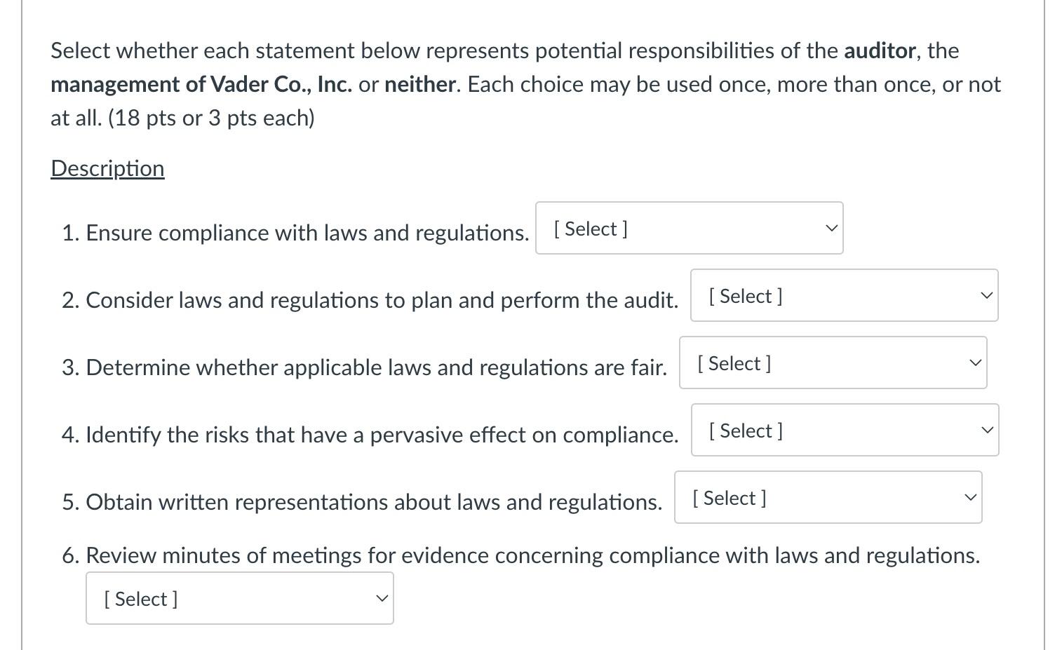 Select whether each statement below represents potential responsibilities of the auditor,