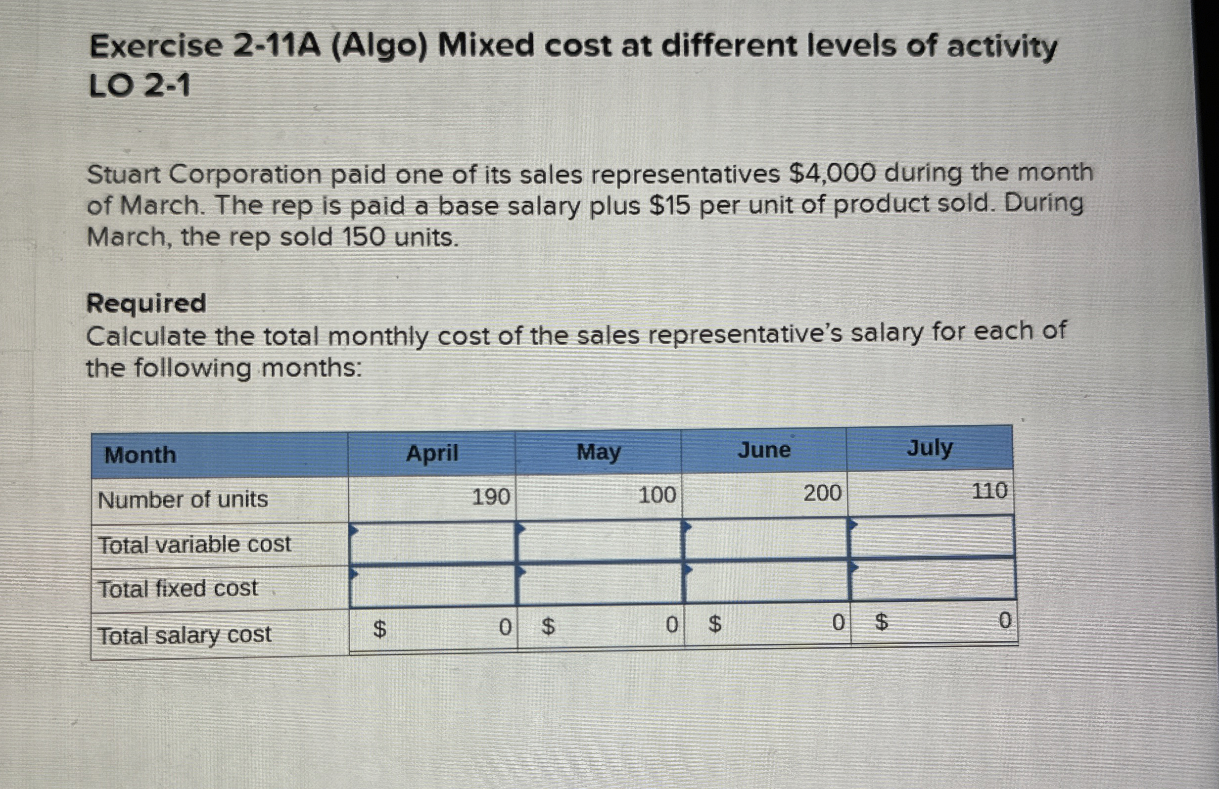  Exercise 2-11A (Algo) Mixed cost at different levels of activity LO