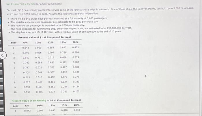  chapter 26 Net Present Value Method for a Service Company Carnival
