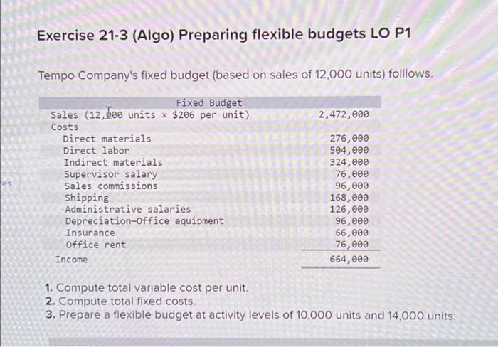 ALL 1 QUESTION Exercise 21-3 (Algo) Preparing flexible budgets LO P1 Tempo