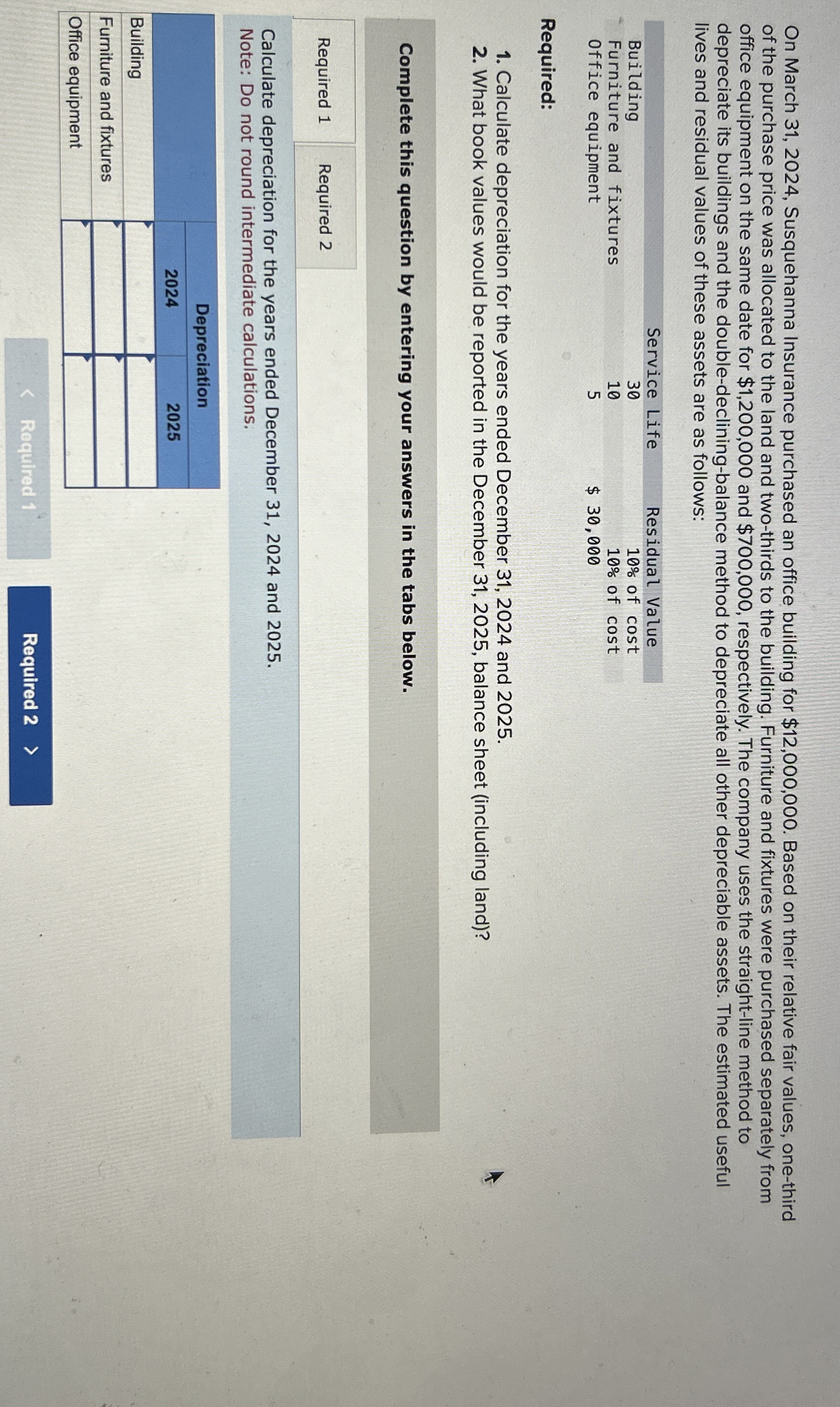  On March 31,2024, Susquehanna Insurance purchased an office building for $12,000,000.