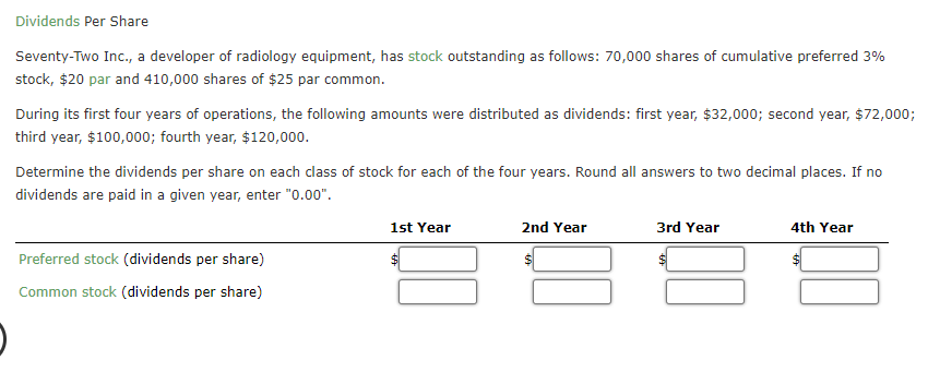 I need answers for the 8 empty boxes. Dividends Per Share Seventy-Two
