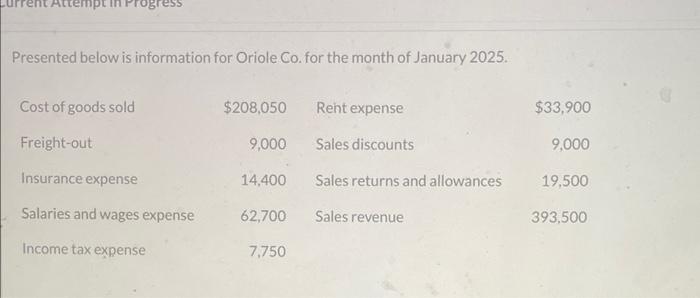 question 8 part 2 Presented below is information for Oriole Co. for